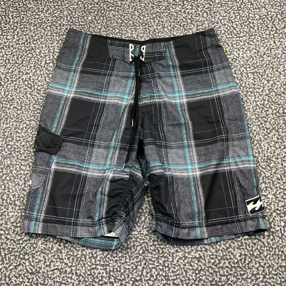 Billabong Board Shorts Men 34 Black Blue Plaid Pocket Drawstring